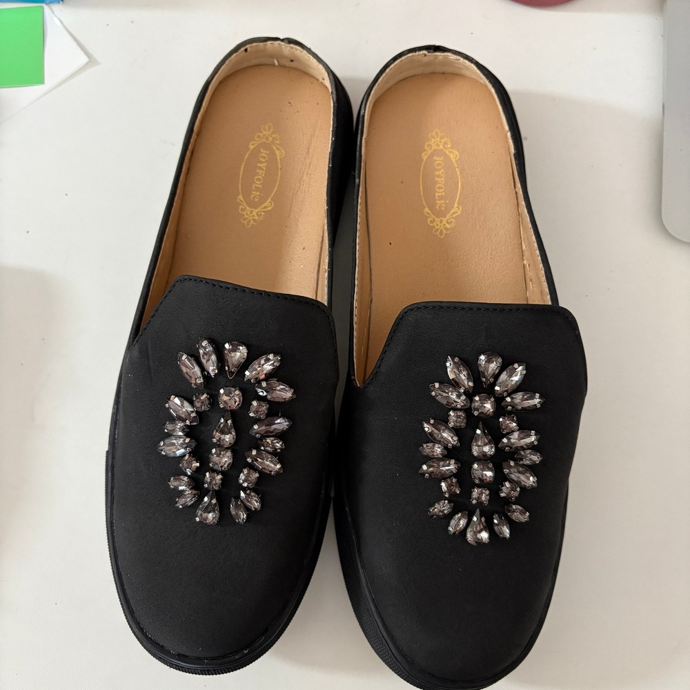 Joyfolie Black Jeweled Embellished Slip On Mule Loafer Flat Shoes Womens Size 7